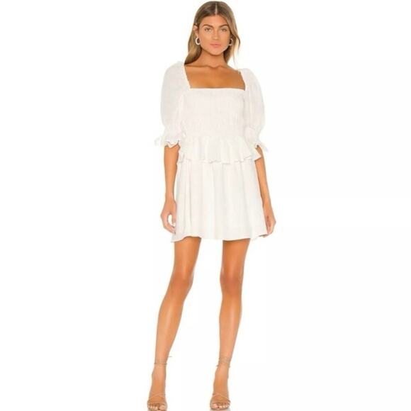 LPA x Revolve White Vivia Linen Blend Puff Sleeve Mini Dress Sz XL - Picture 1 of 11